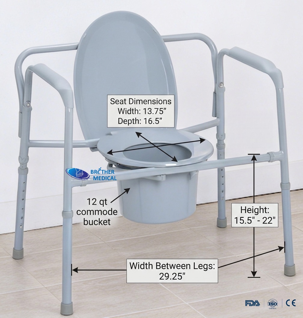 Dimensio technica chart pro plicatili bariatrice commode: 24-unc latitudo extra-latum sedes et specificationes in pollices altitudinis aptabiles.
