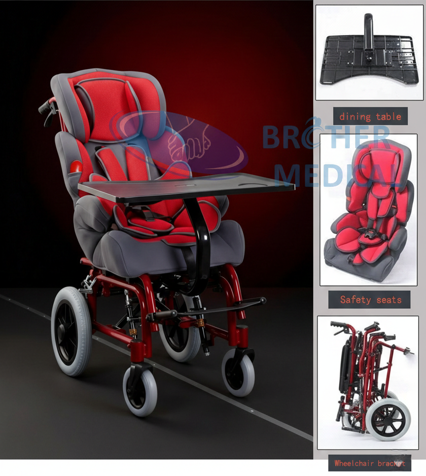Fratris Medicae traditio contenta paralysi cerebri wheelchair includit sarcinam partium parce (continens pulvinaria sedem, fibulas temperaturas, etc.) quod gratis cum producto providetur.