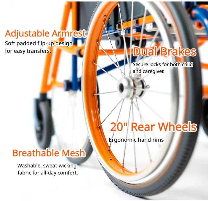 Pediatric Wheelchair Detail: Armrest Novifacta, Tutus Brakes, XX' Audi Currus