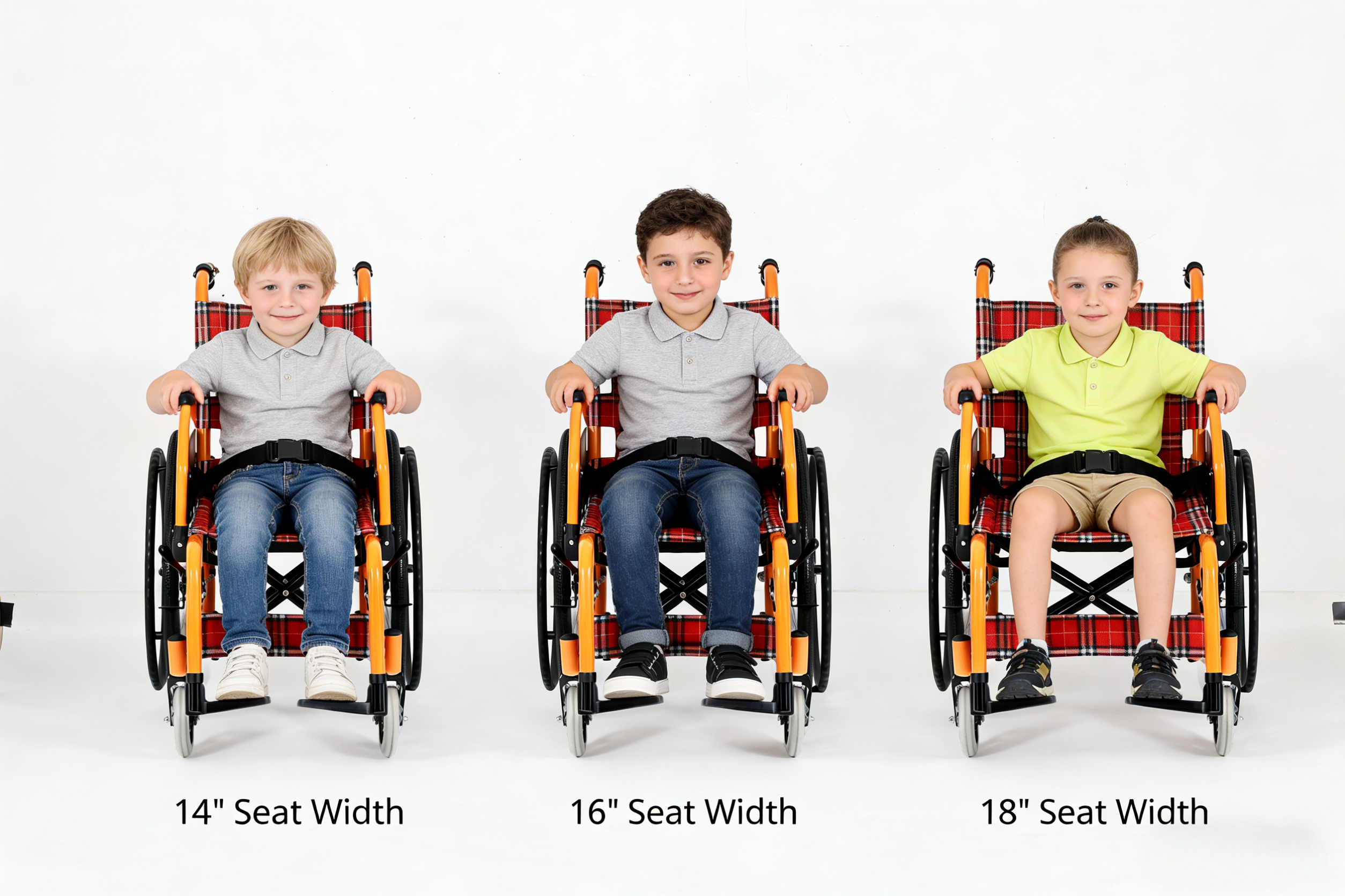 Tres magnitudinum pediaPediatricis wheelchair cum consue- tudine et consuetudine sedis latitudinis: 14' 16' 18'