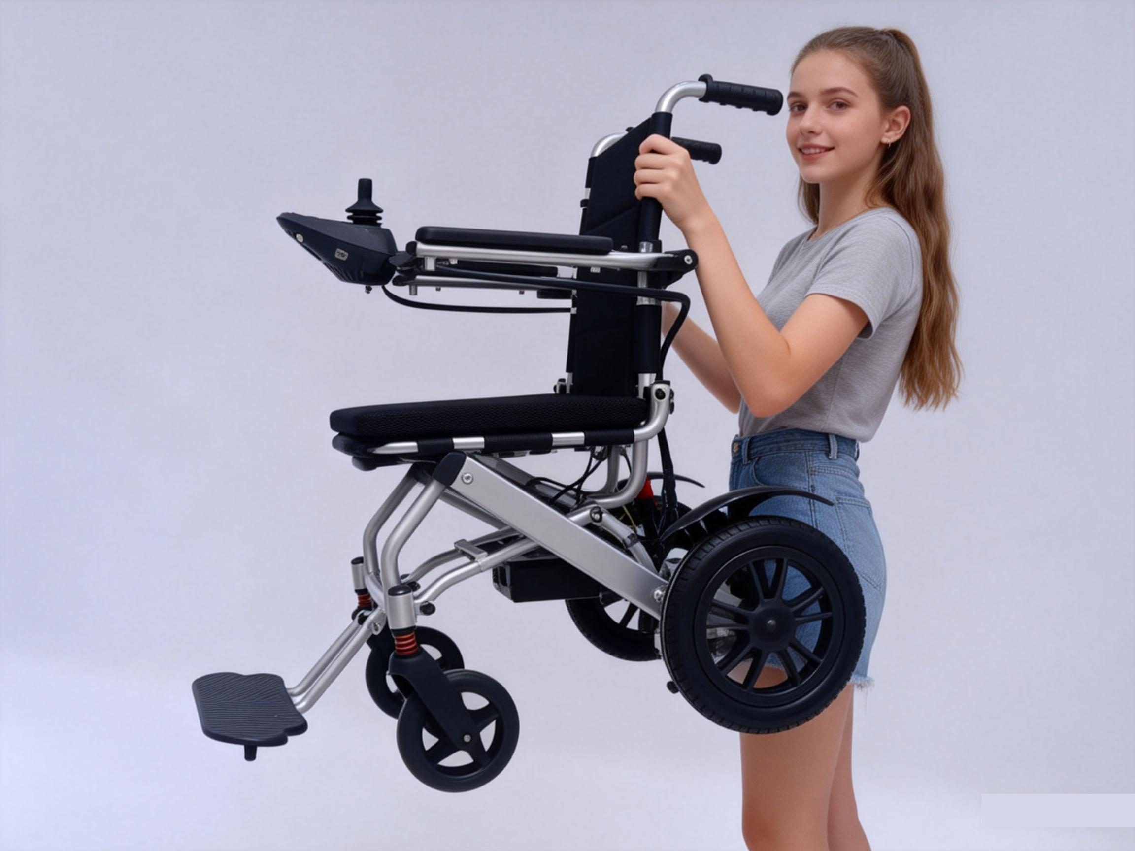 Iuvenis femina facile elevans ultra leve consilium electricum wheelchair 17kg aluminium consilium 
